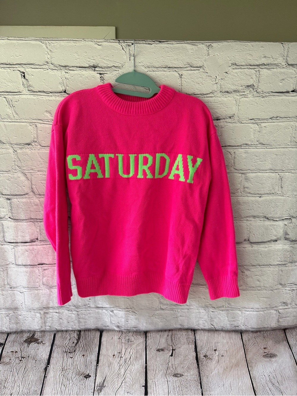 English Factory Bright Pink 'SATURDAY' Crewneck Sweater with Lime Lettering